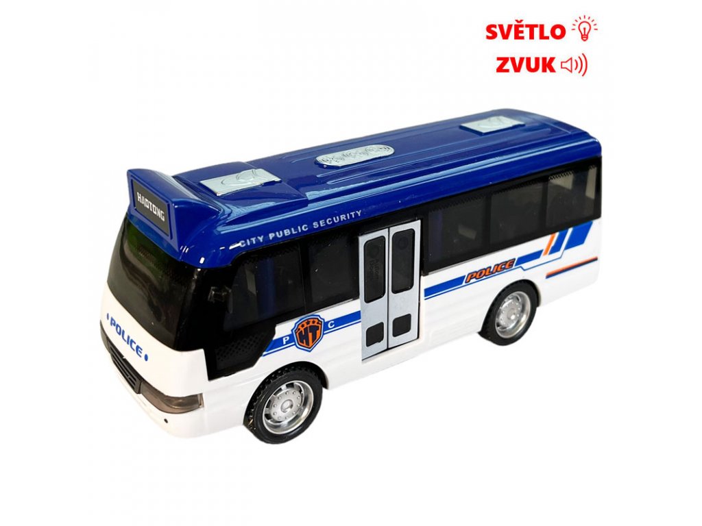 Autobus policejní na setrvačník se světelnými a zvukovými efekty 15 cm bílomodrý